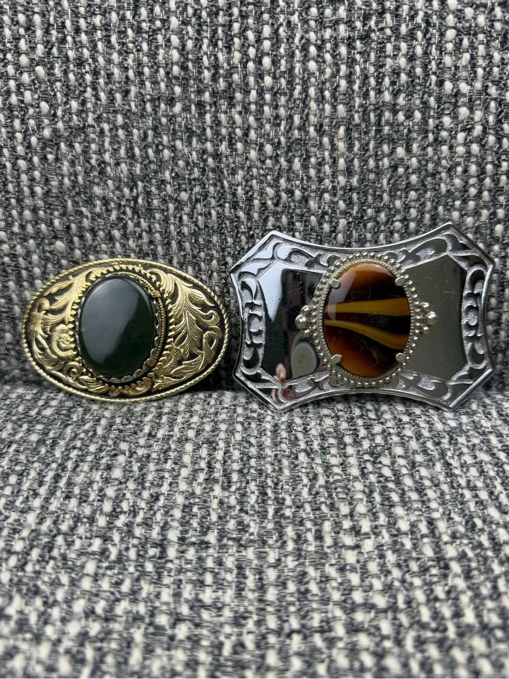 Western Belt Buckle Lot Faux Stone Cabochon Green Tiger Eye Look 2pc